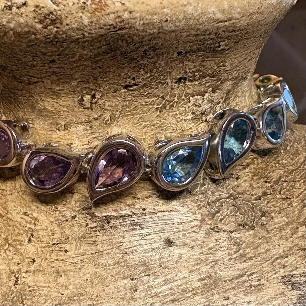 Tennis Bracelet Sterling Silver and Multi Teardrop Gemstones Vintage 7.25 Inch